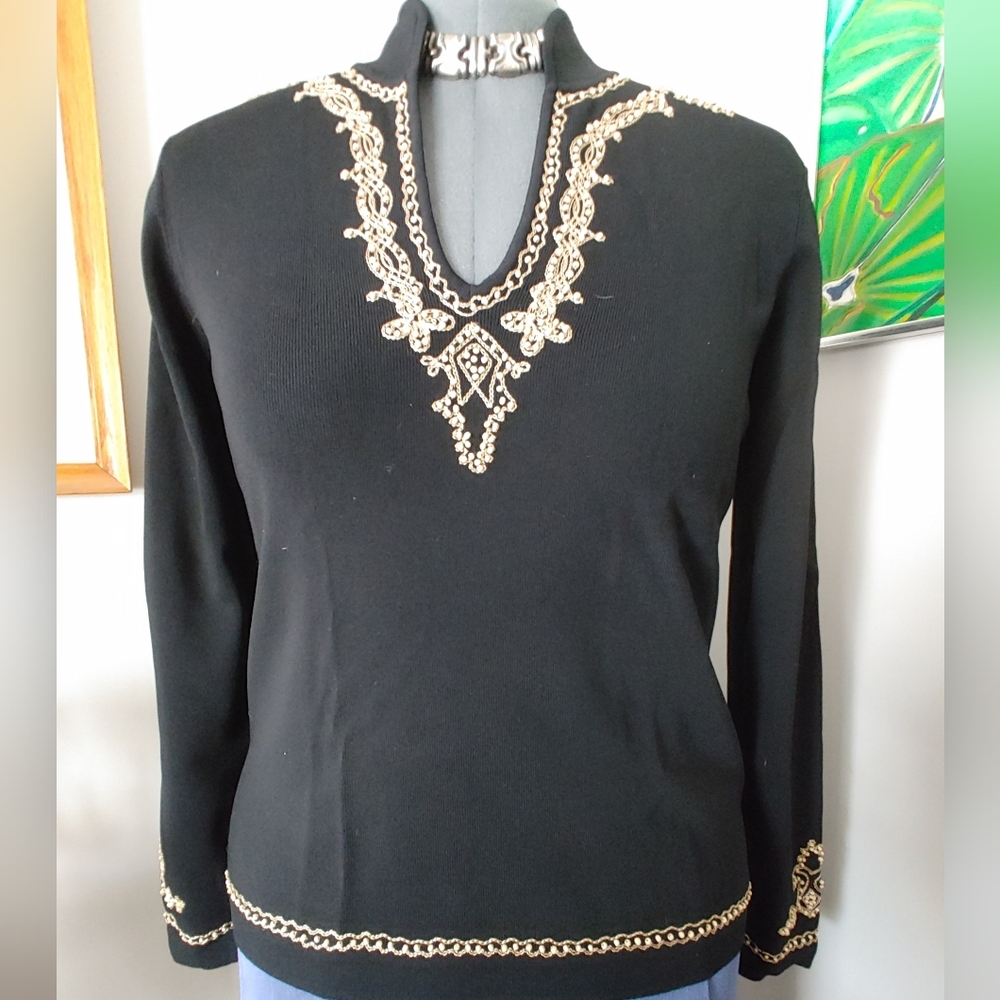 Elegant Black Sweater with Gold Embroidery by Grace Dane Lewis